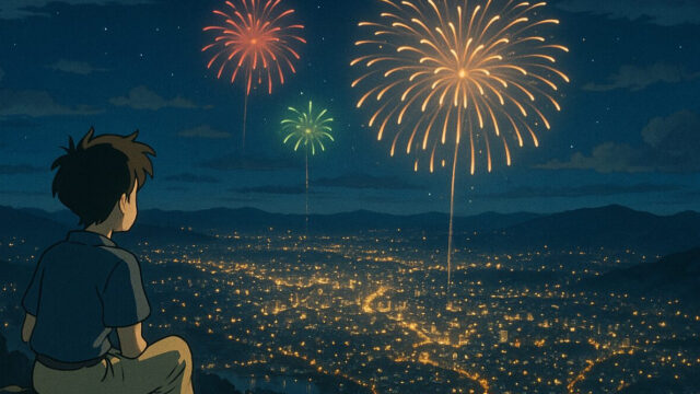 山頂からの夜景と花火