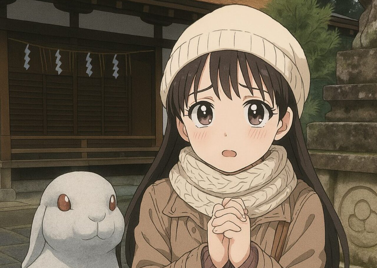 京都うさぎ神社でお参りする少女